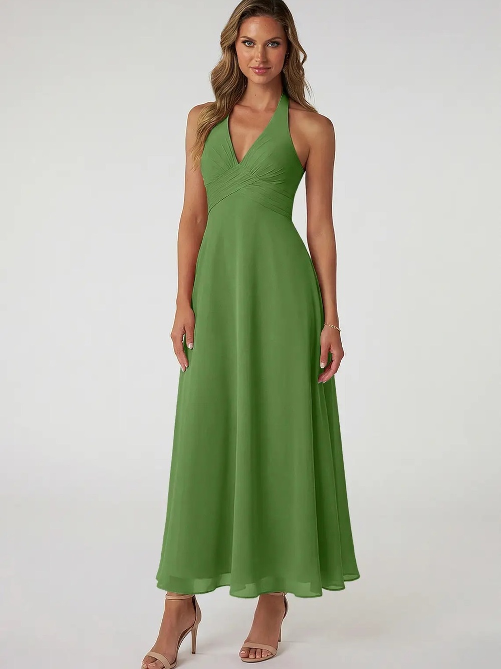 Azazie Basil A-Line Pleated Chiffon Dress - Basil Green